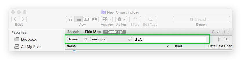 Una carpeta inteligente de Mac que muestra el filtro de nombre.