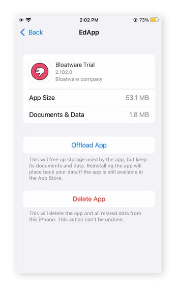 The screen for a potentially unwanted app and the option to Offload or Delete it.