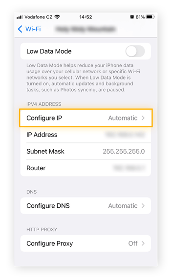 Resaltar «Configurar IP» en los ajustes Wi-Fi de iOS