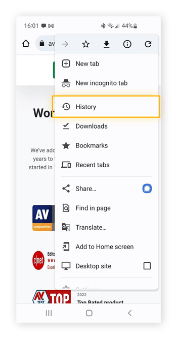 Eliminazione della cronologia in Google Chrome per dispositivi mobile.