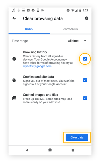 Cancellazione dei dati di esplorazione, compresi cronologia di esplorazione, cookie e file nella cache in Google Chrome per Android.