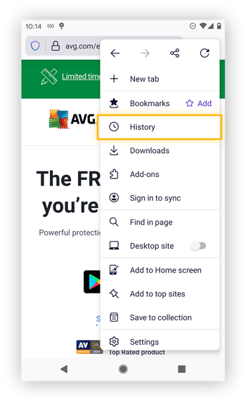 Apertura di Impostazioni in Firefox su dispositivo mobile.