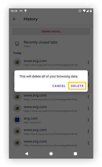 Eliminazione della cronologia di esplorazione in Firefox su dispositivi mobile.