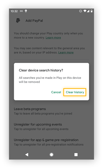 Cancellazione della cronologia in Google Play.