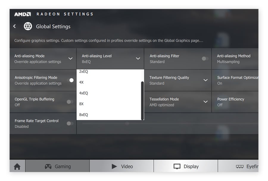 Adjusting the anti-aliasing level within the AMD Radeon Settings for Windows