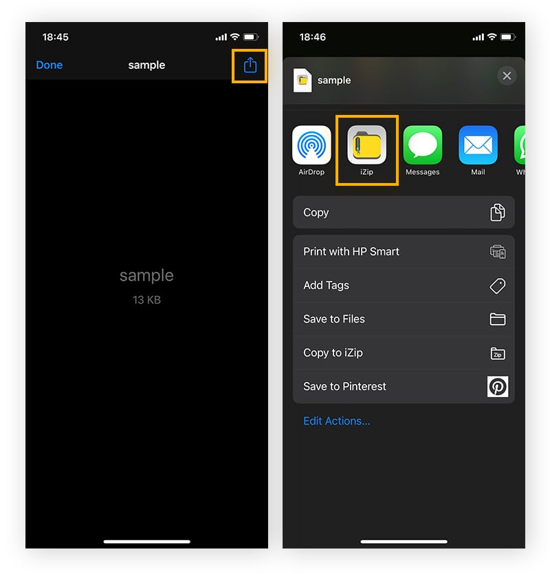  .rar-Datei mit ausgewähltem Freigabesymbol und hervorgehobener iZip-App
