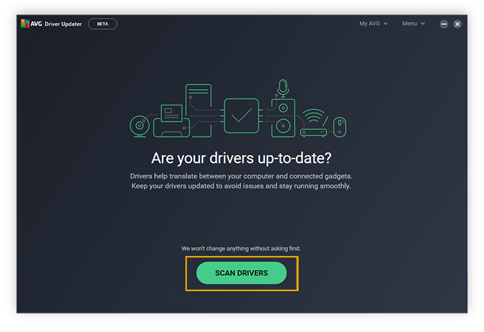 Initiating a driver scan with AVG Driver Updater for Windows 10.