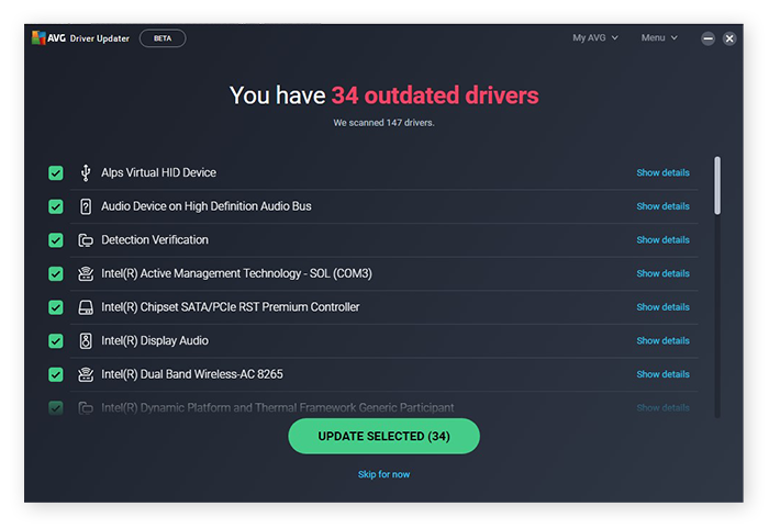 The results of a driver scan with AVG Driver Updater for Windows 10.