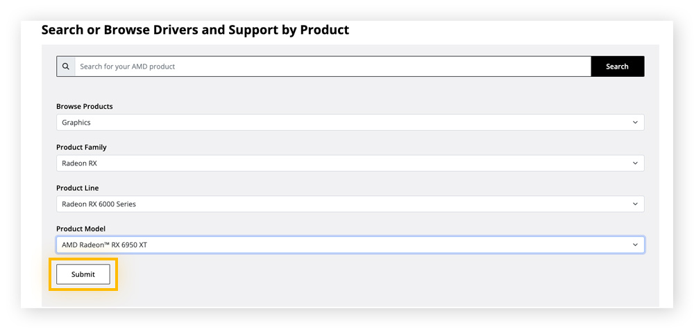 Searching for a graphics driver update on the AMD website.