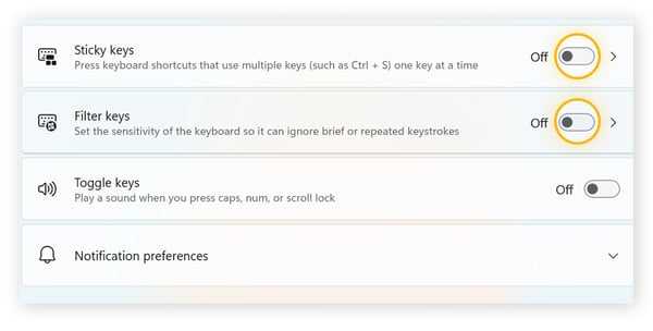 Captura de pantalla que muestra cómo desactivar las opciones Teclas especiales y Teclas filtro.